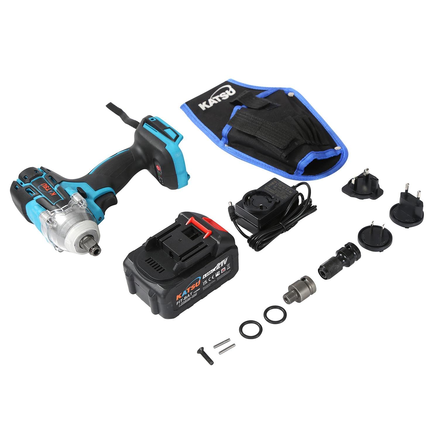 KATSU FIT-BAT 21V Clé à Chocs sans Fil Brushless avec 4.0Ah Batterie, 1/2" 400Nm Clé à Chocs Électrique Cordless, avec 2 Adaptateurs, 0-3500IPM 102488