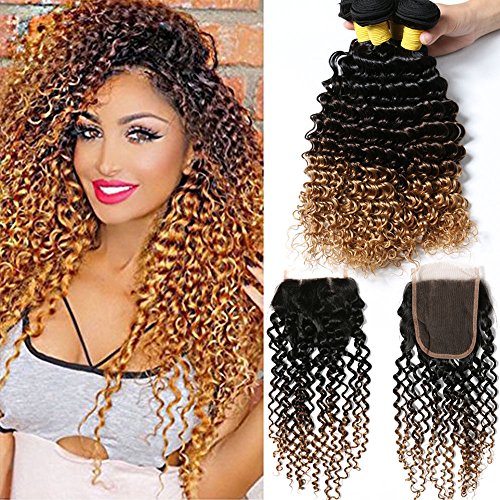 Hairitory Hair Peruvian Kinky Curly Virgin Hair With Closure Ombre 3 Bundles Deep Wave Human Hair Weave With Lace Closure # 1b 4 27 (14with16 18 20, 1B/4/27)