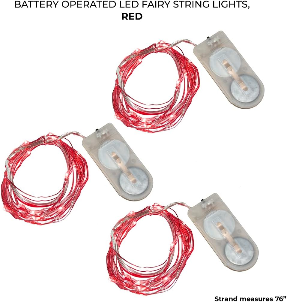 LumaBase Battery Operated LED Fairy String Lights, Red - Set of 3