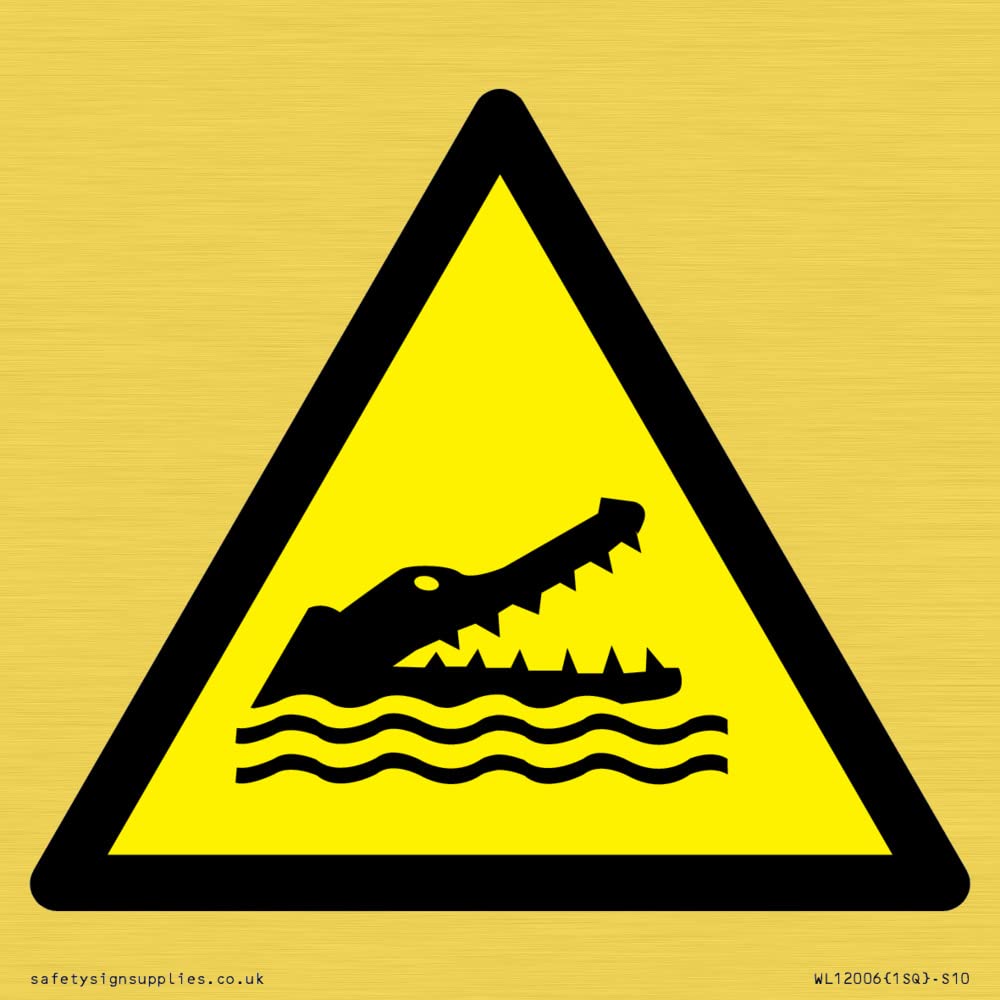 W067 Warning: Crocodiles, alligators or caymans Sign - 100x100mm - S10, Yellow/White