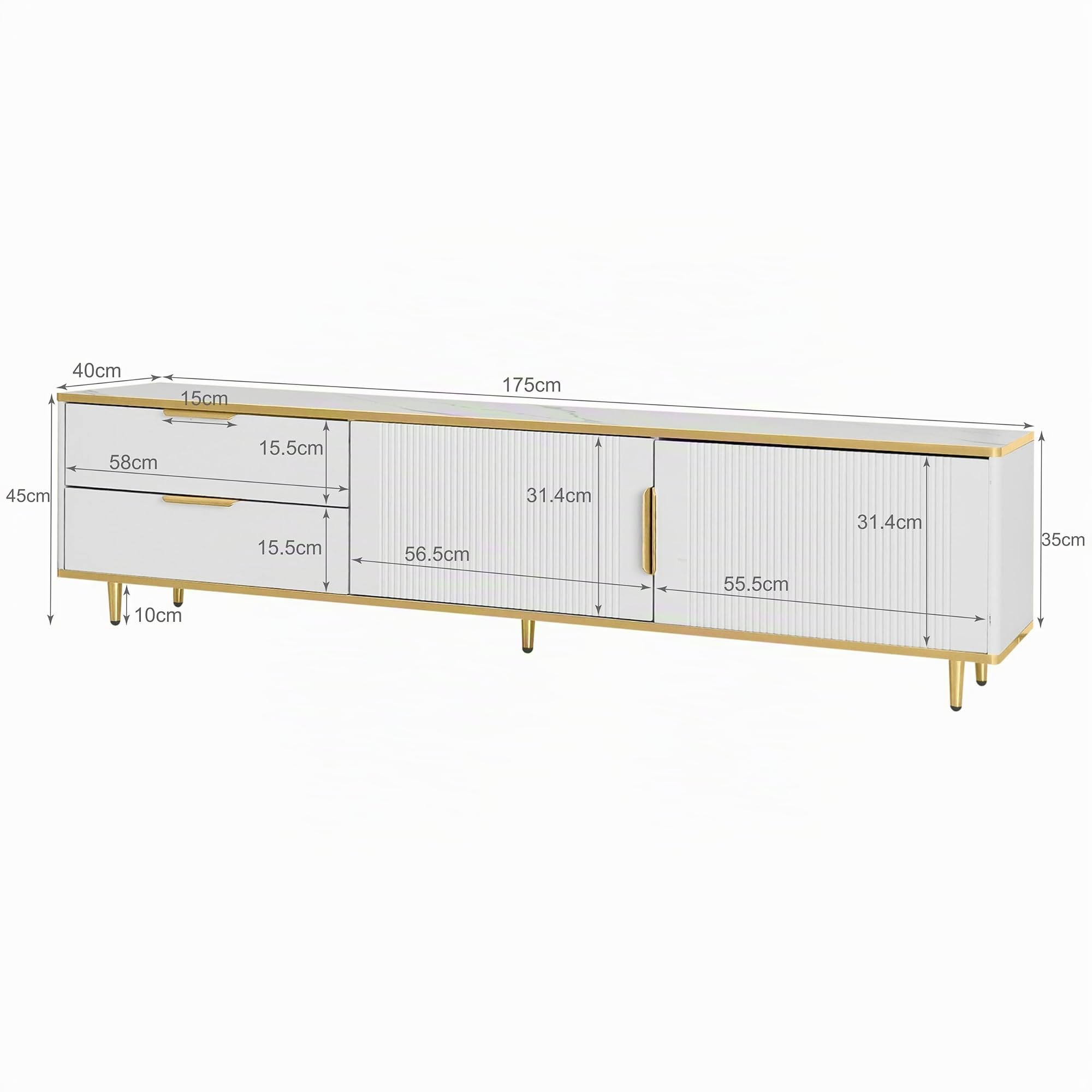 Merax Meuble TV Bas, Buffet avec Portes sculptées et poignées dorées, Meuble de Salon avec Finition marbre, Design Moderne et élégant, Blanc et Or 175x40x45cm