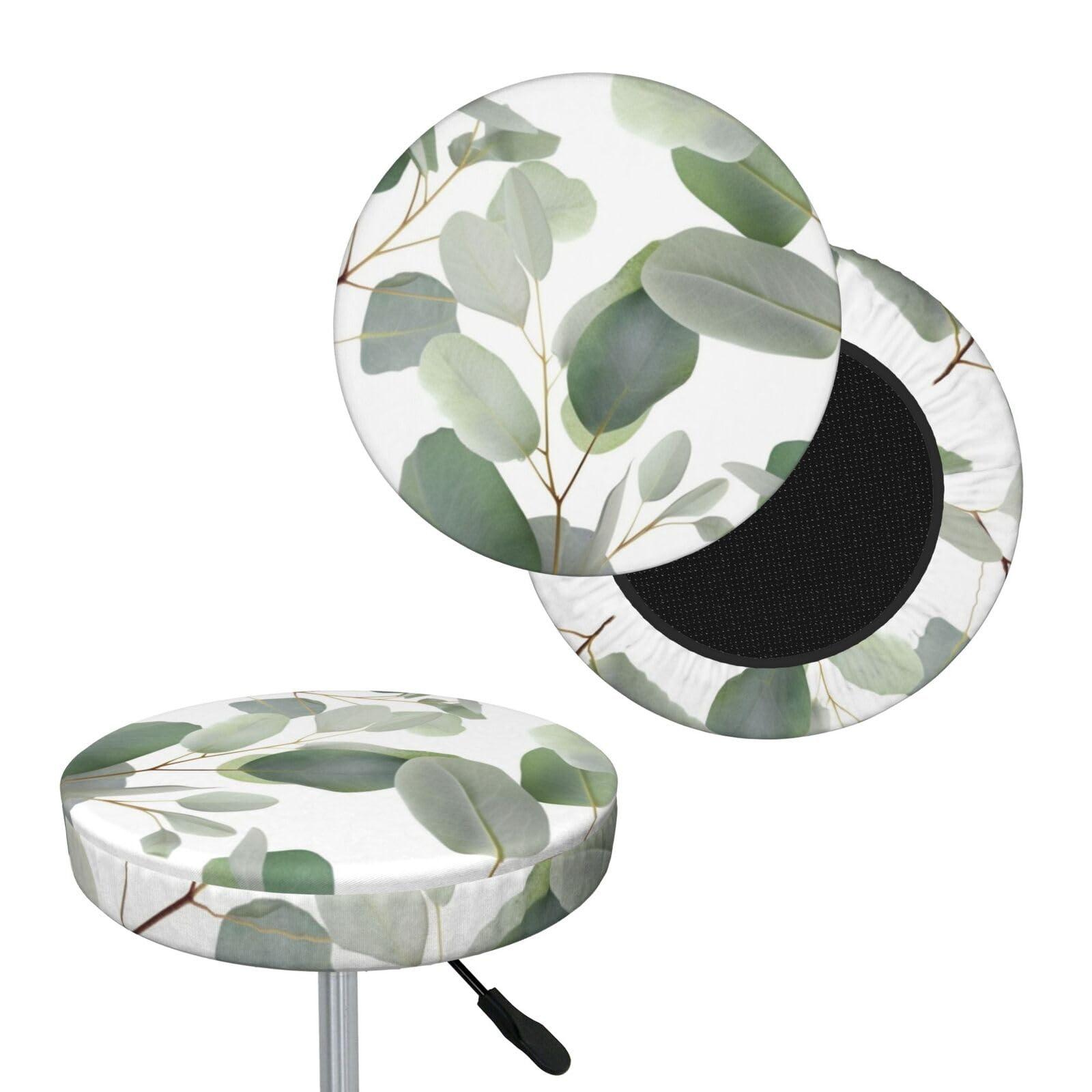 FekiLoot Eucalyptus Leaves Round Bar Stool Covers Stretch Washable Bar Stool Covers Dustproof Slipcover Bar Chair Covers with Elastic Band for Bar Kitchen Living Room Decor 14 Inch