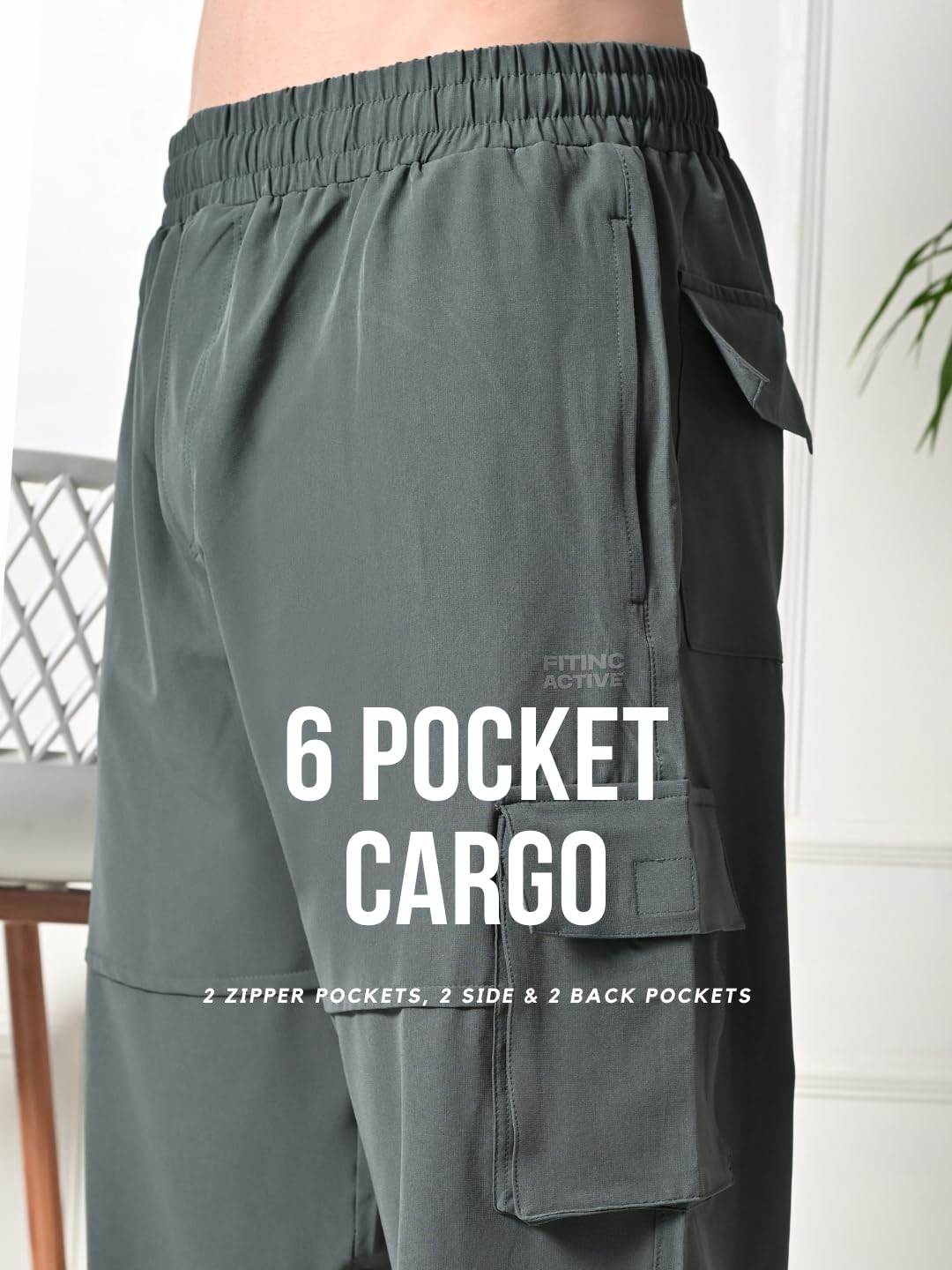 FITINC Stylish NS Lycra Cargo Pants for Men & Boys | All Weather Dry-Fit Track Pants for Man with Utility & Zip Pockets | Lightweight Cargo Lower for Man for Casual Wear β Grey, Medium