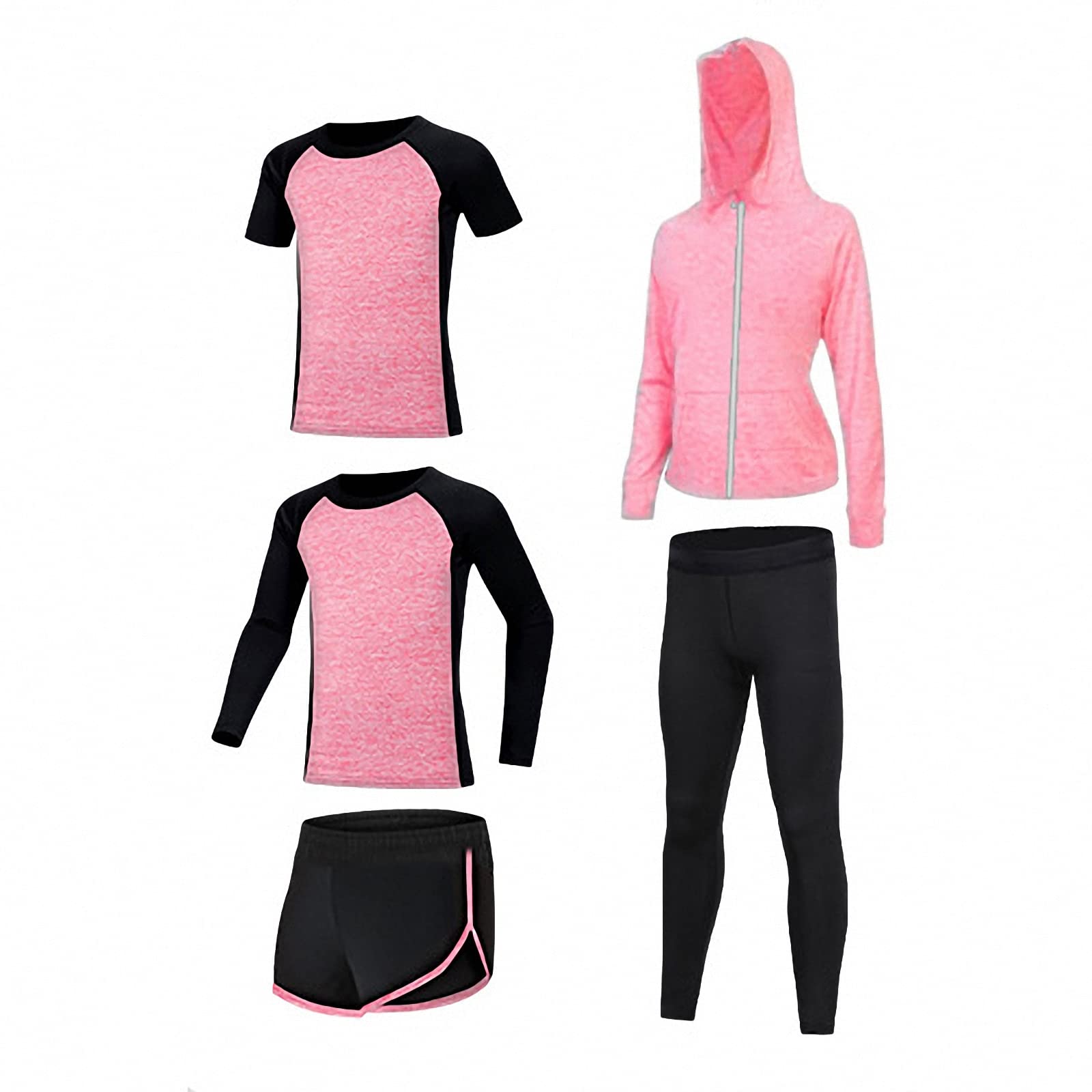 Ropa Deportiva de Fitness 5 Piezas,Traje de Chaqueta con Capucha para Correr de Yoga para niñas,Conjuntos de Entrenamiento de Baile,pantalón de Mallas de Secado rápido,Pink,170
