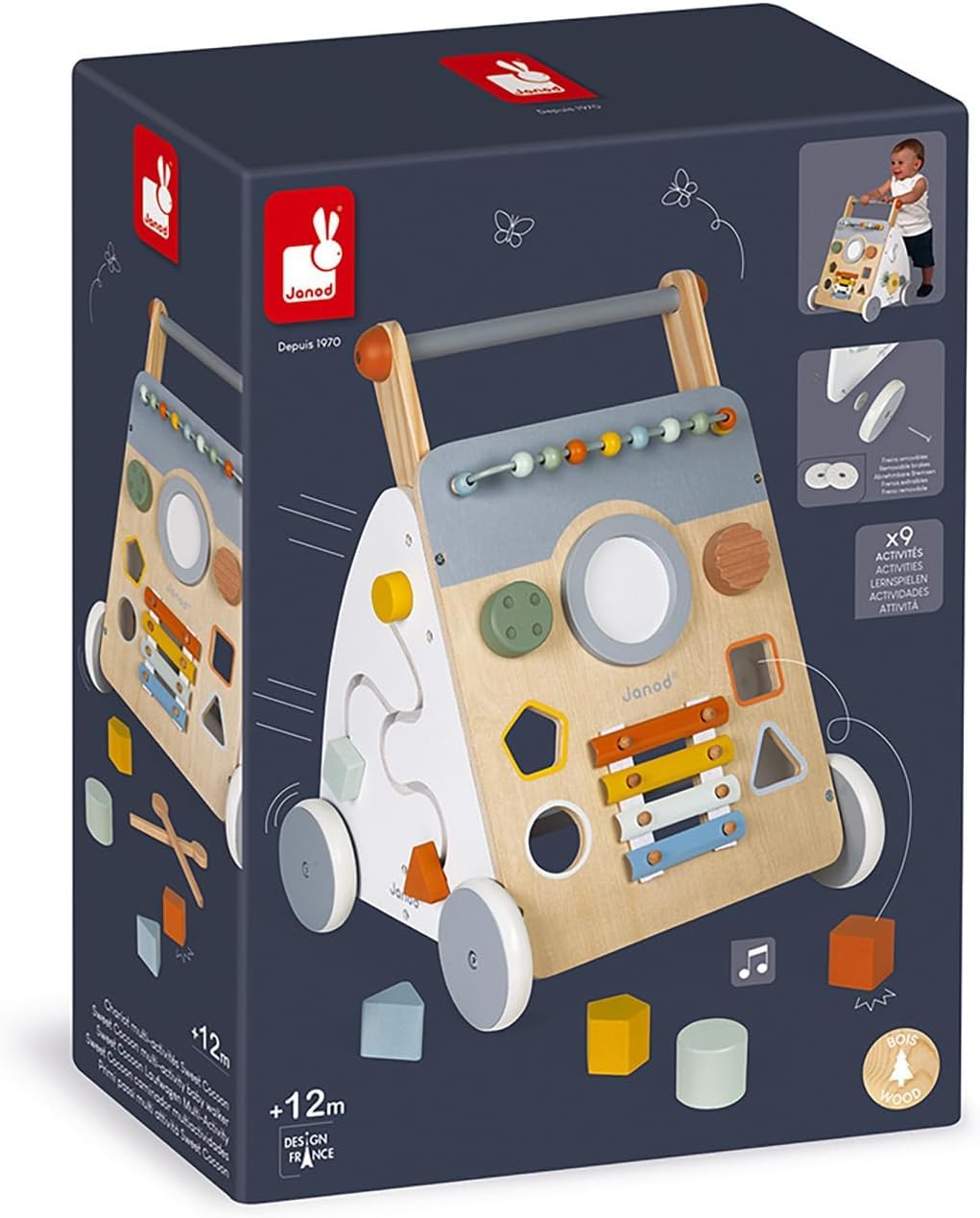 Janod - Chariot Multi-Activités Sweet Cocoon - Chariot de Marche en Bois à Pousser - 9 Activités - Roues Silencieuses, Peinture à l'eau - Jouet pour Enfants Évolutif à Partir de 12 Mois, J04410