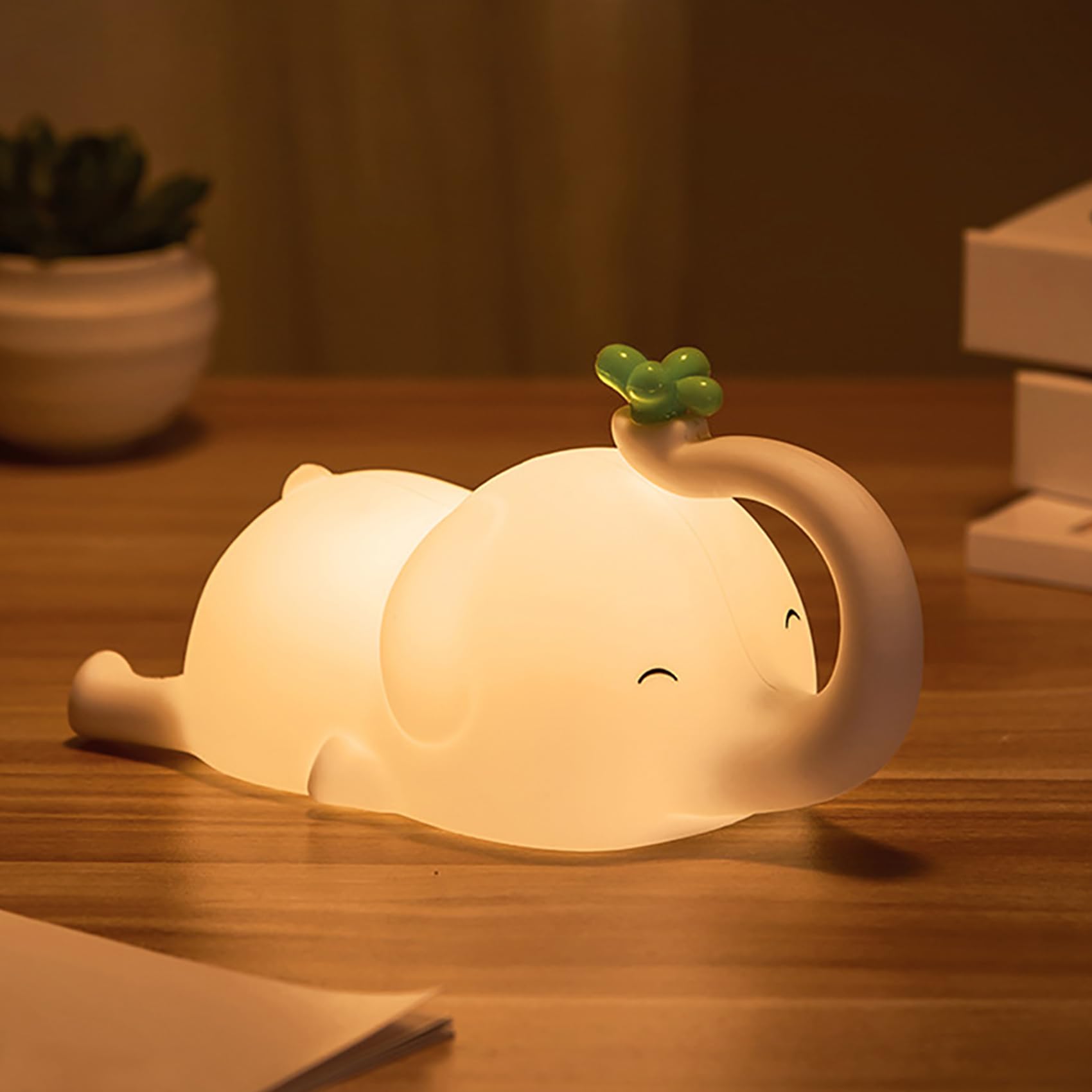 Luz Nocturna Infantil Elefante con Temporizador Recargable Luz de Noche Bebé Brillo Ajustable Lámpara Bebé Nochede de Silicona para Niñas Niños (2 Pieza)