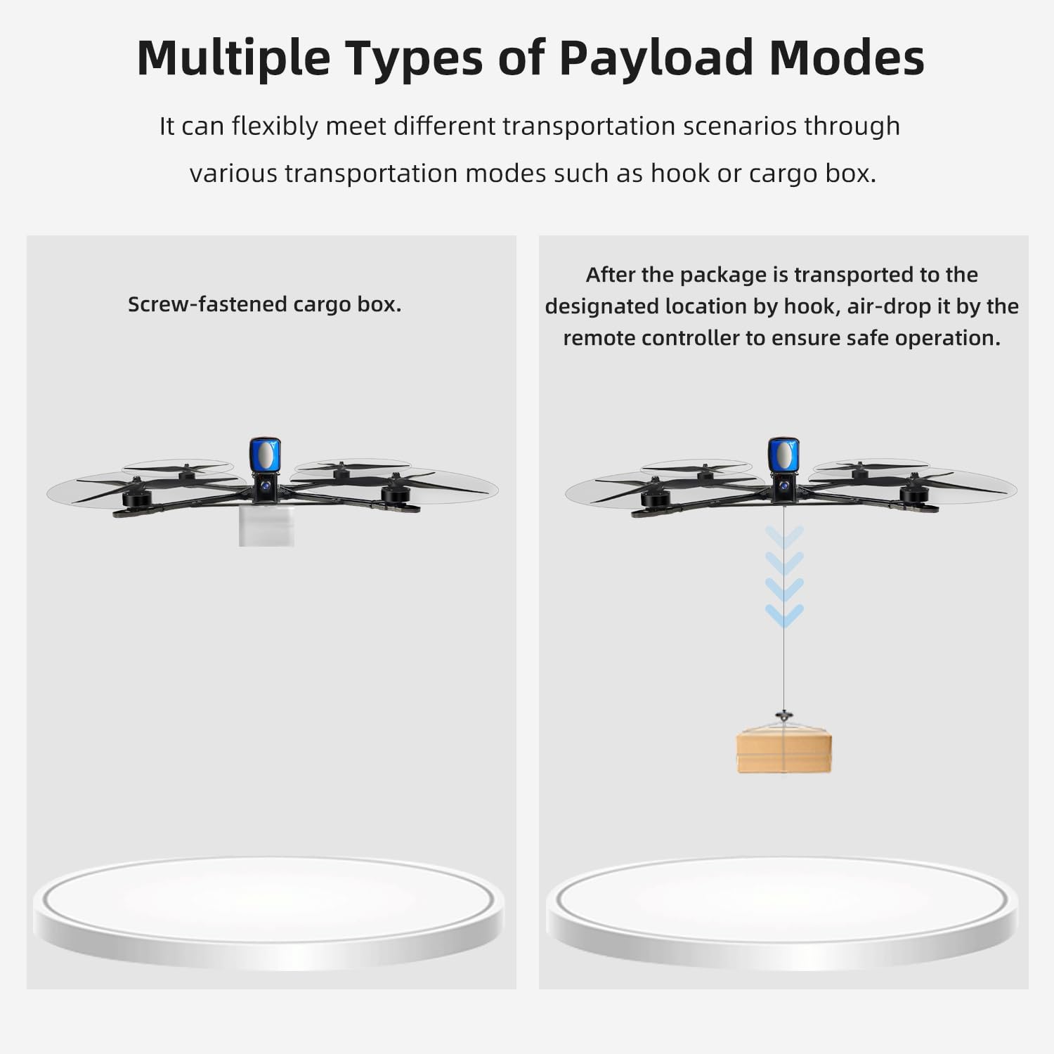 Two diagrams illustrating payload modes: one showing a screw-fastened cargo box, and the other showing a drone air-dropping a package using a hook mechanism.