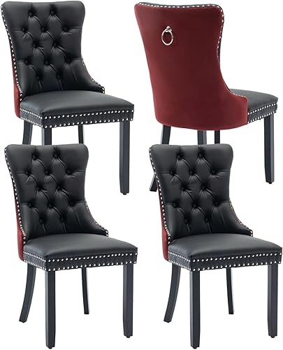 Miniatura 97 de Juego de 4 sillas de comedor de terciopelo beige, sillas tapizadas modernas para comedor con respaldo capitoné y acentos de madera, patas curvas de