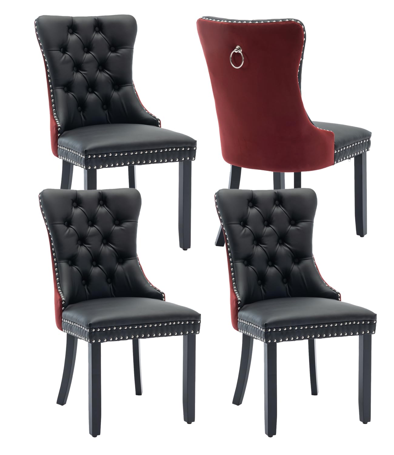 Dining Chairs Set of 4, Upholstered Dining Room Chairs with Back Ring Pull Trim and Solid Wood Legs, Modern Tufted Kitchen Chairs Perfect for Dining