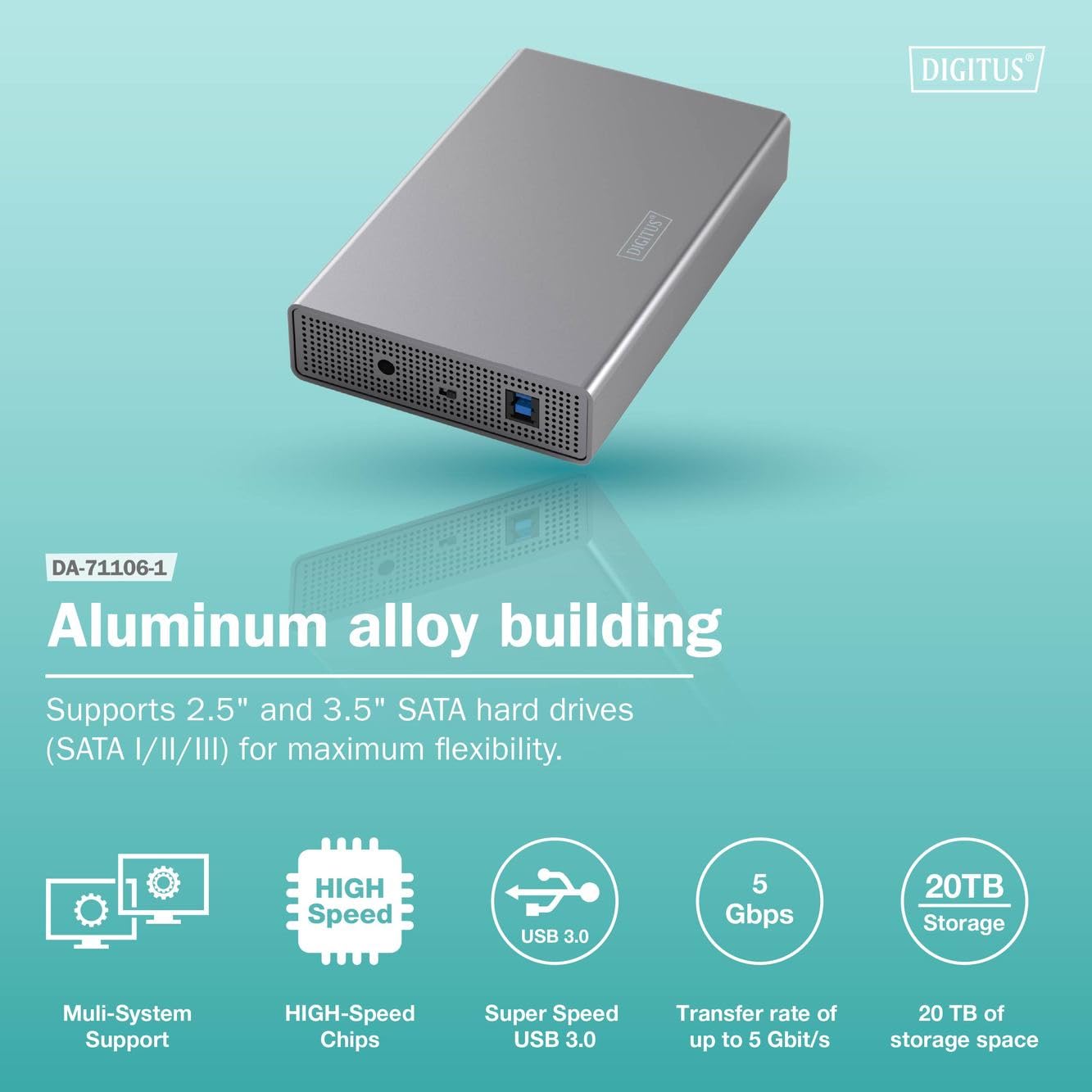 DIGITUS Festplattengehäuse - USB 3.2 Gen1 - 5 Gbit/s - für 3,5 und 2,5 Zoll SATA-HDD und SSD