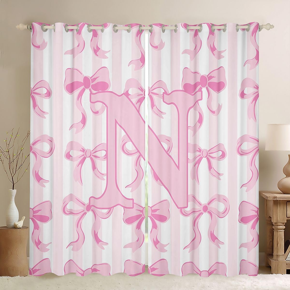 Feelyou Bow Curtains for Bedroom Living Room Pink and White Bow Blackout Darkening Drapes Bowknot Window Treatments, 2 Panels 38 x 45 Inch Kawaii Room Decor Personalized Initial N