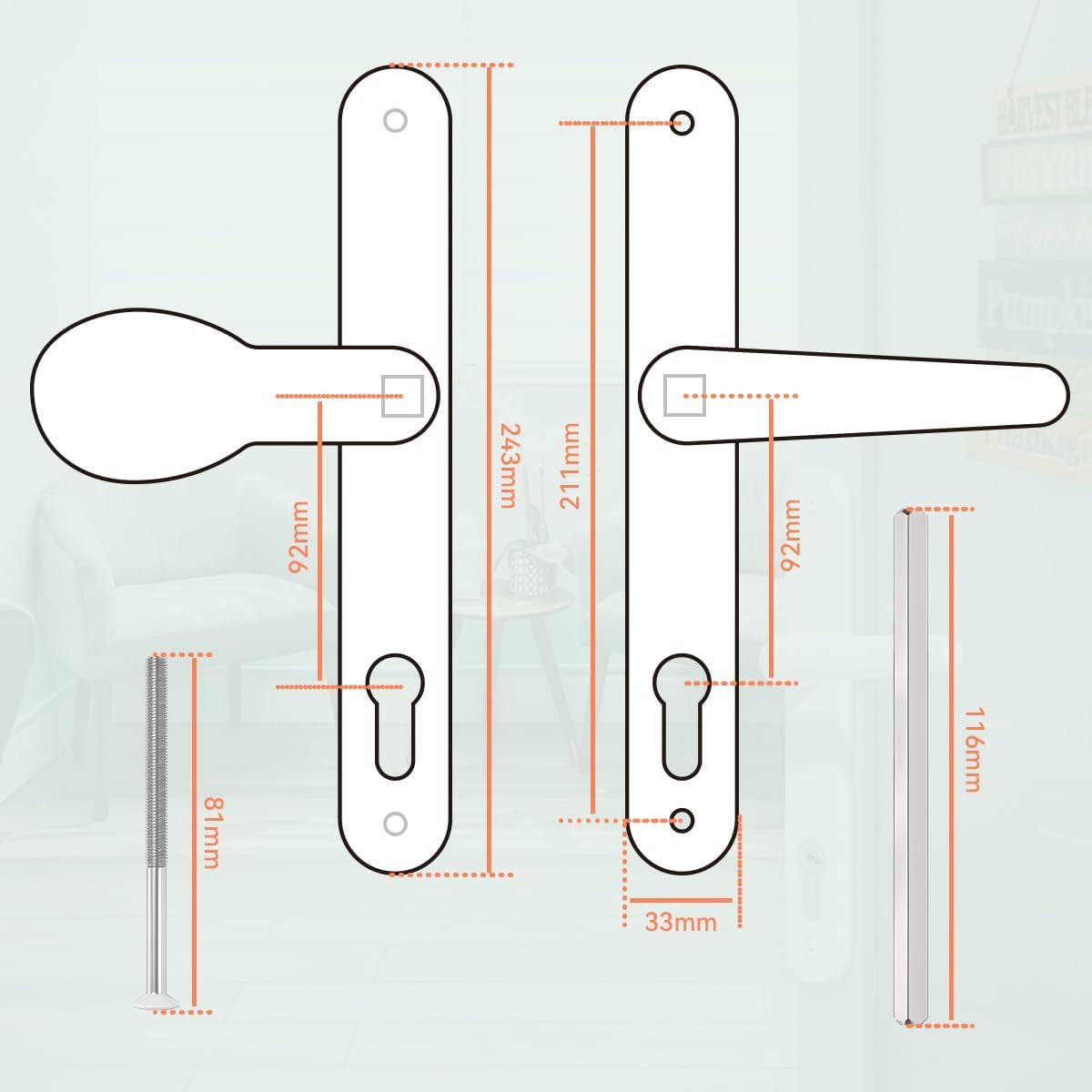 Bwintech 1 Stück Weißes Aluminium UPVC Türgriff, Hebel/Pad Inline 92mm Dornmaß, 211mm Schraubenlochabstand, 243mm Plattenlänge Vordertürgriffe für UPVC Tür