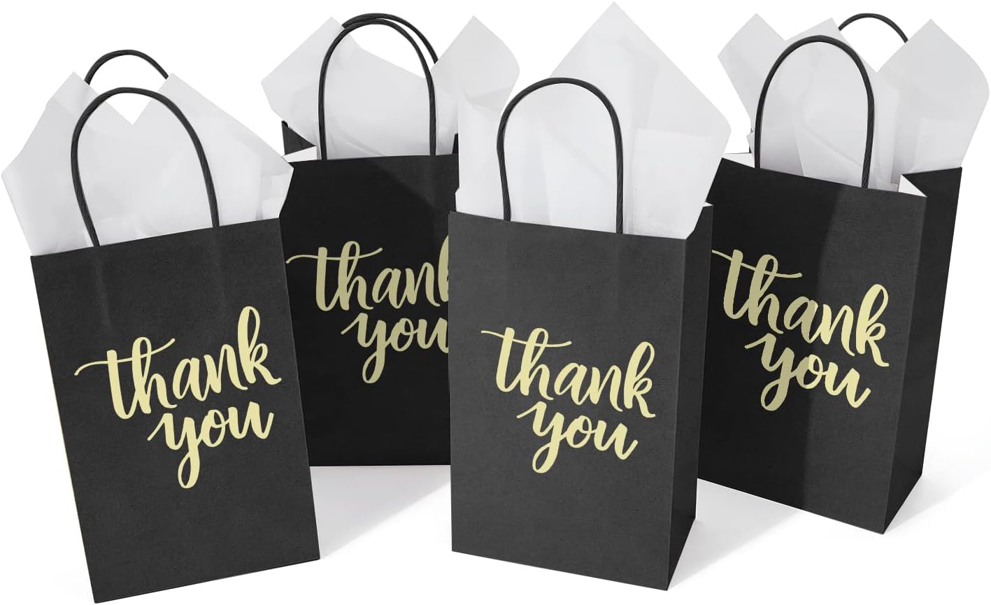 DjinnGlory 50 Pack Small Black Thank You Paper Gift Bags with Handles 9x5.5x3.15 Inch and Tissue Paper for Christmas Gifts, Wedding Bridal Baby Shower Graduation Party Goodies - Image 9