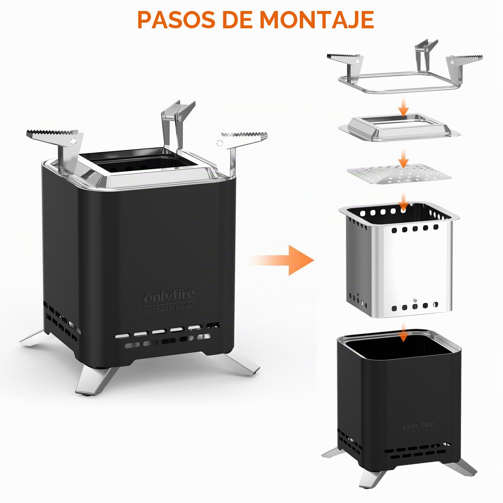 Onlyfire 16,5 cm Cuadrado Brasero sin Humos de Mesa, Mini Brasero Portátil con Soporte para Macetas y Bolsa de Transporte, para Acampar Al Aire Libre Tailgating Patio Trasero, Acero Inoxidable, Negro