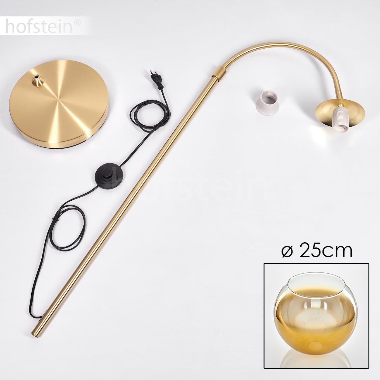 Stehleuchte Koyoto, Stehlampe aus Metall/Glas in Messing/Gold/Klar, Leuchte im Retro/Vintage/Industrial-Design mit Schirm aus Glas (Ø 25 cm) u. Fußschalter, Höhe 140 cm, 1 x E27, ohne Leuchtmittel