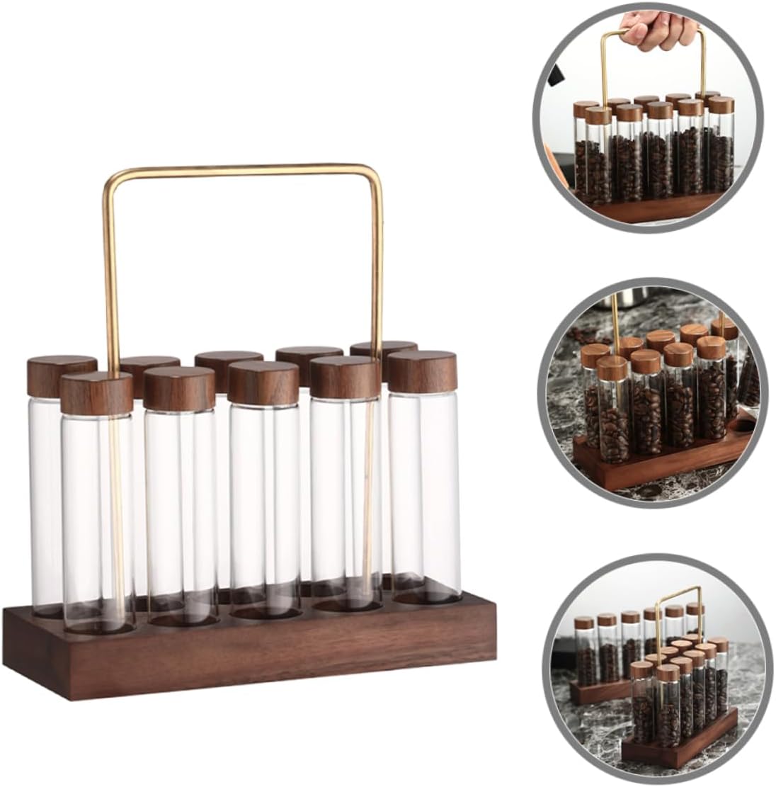 Alipis 1set Glass Coffee Bean Storage Tubes with Wood Stand Sealed Airtight Canisters for Coffee Beans with Display Rack