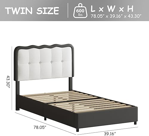 Miniatura 2 de Base de cama individual, cama de plataforma tapizada con cabecera de nube, marco de cama moderno con diseño suave anticolisión, no requiere somier,