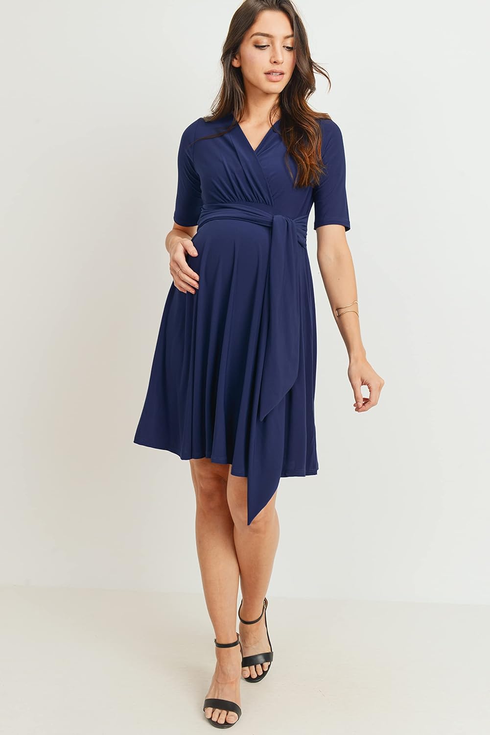 HELLO MIZ Women's Maternity Dress V-Neck Short Sleeve for Baby Shower (Navy Solid, XL)