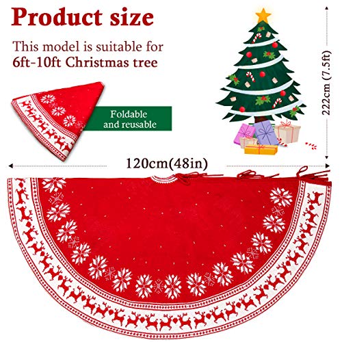FUNSEED Christmas Tree Skirt, 48 Inches Large Thick Knitted Red Reindeer and White Snowflakes Pattern Knit Xmas Tree Mat for Holiday Family Home Decoration - Thumbnail 3
