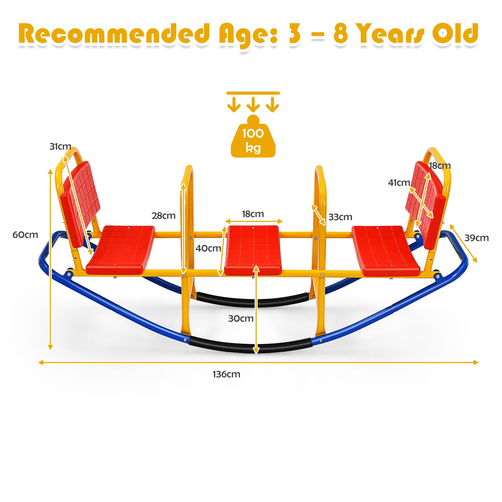 HOMASIS Altalena a Bilico per Bambini 3 Posti, Altalena a Dondolo in Metallo, Portata 90 kg, per Bambini 3-8 Anni (Rosso)