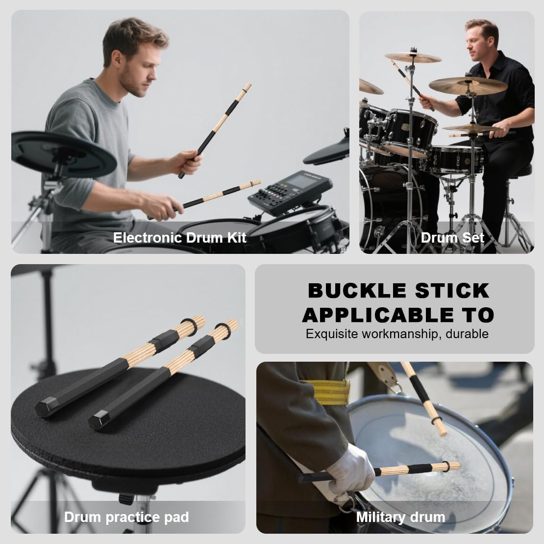 Bamboo Drumsticks, 5A Jazz Drum Sticks Constructed of 6 Pack, Rods Drum Brushes for Jazz, Folk, Small Venue and Acoustic Performance (BLACK, 6 Pack)