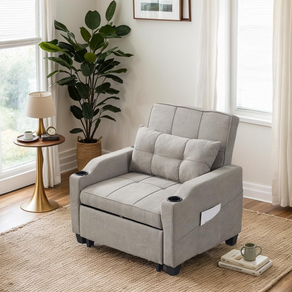 Zimtown Sleeper Chair, 3-in-1 Multi-Functional Pull-Out Sofa Bed, Adjustable Back Futon Sofa with USB, Side Pocket, Cup Holder, for Living Room/Apartment/Office/Small Space,Light Gray