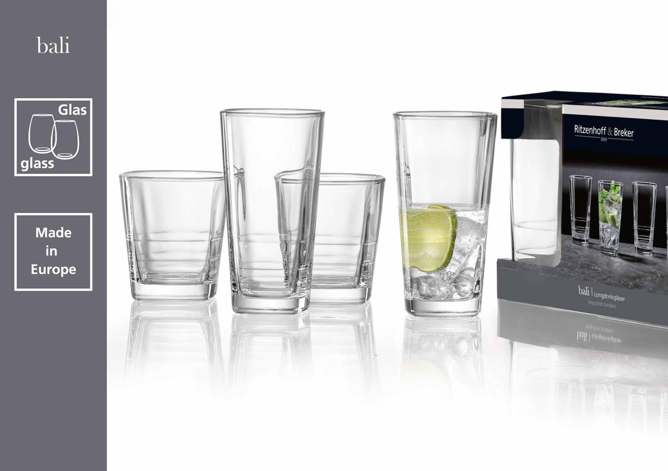 Ritzenhoff & Breker Bali Longdrinkgläser 12er Set – 370 ml – Glatte Trinkgläser für Wasser, Limo und Cocktails – Spülmaschinenfeste Gläser – Klar