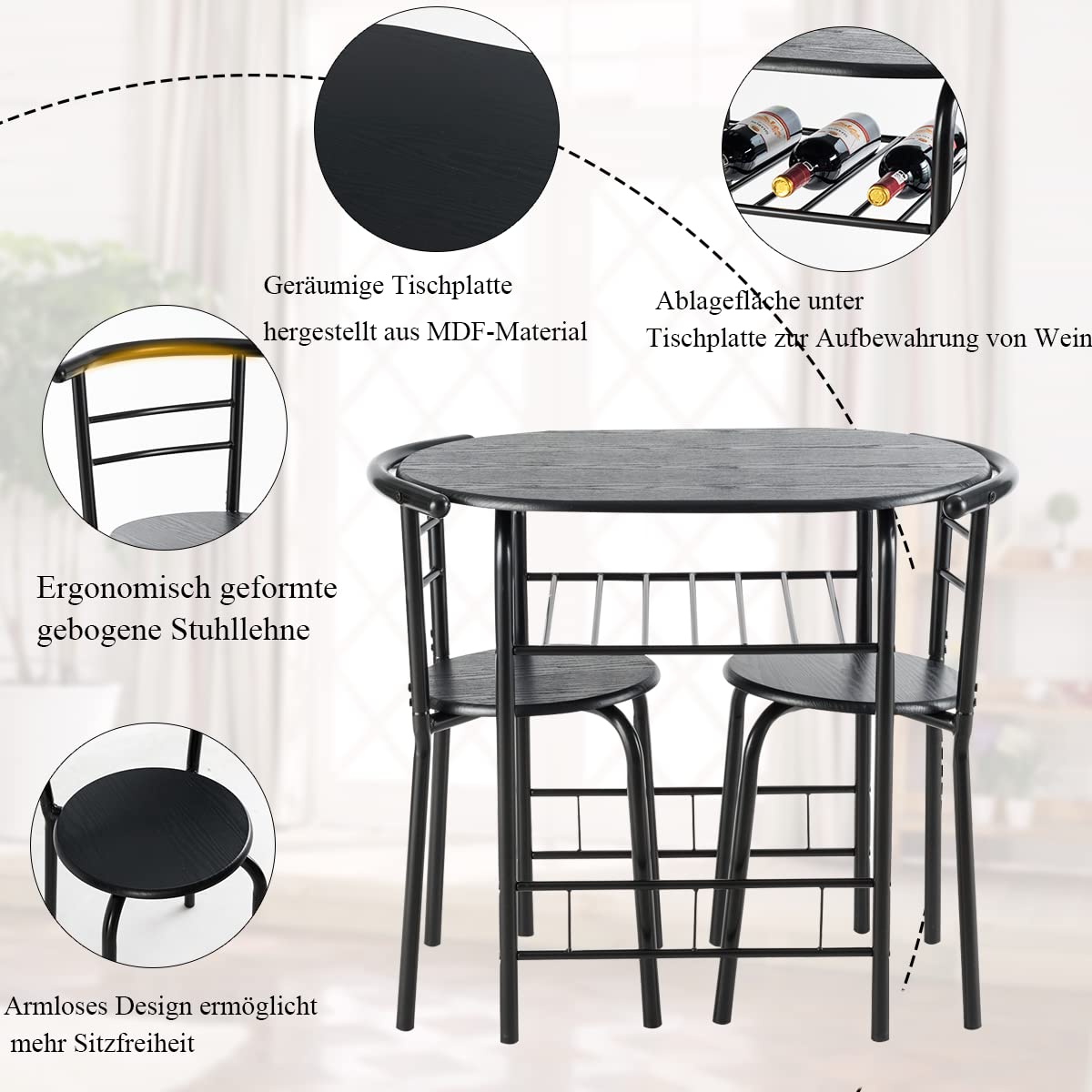 LIFEZEAL Set di 1 Tavolo da Pranzo e 2 Sedie da Cucina, per Colazione, Ergonomico, Schienale Alto, Telaio in Metallo, Sala da Pranzo, Cucina, Ristorante, Balcone, Montaggio Facile, 3 Pezzi, Nero