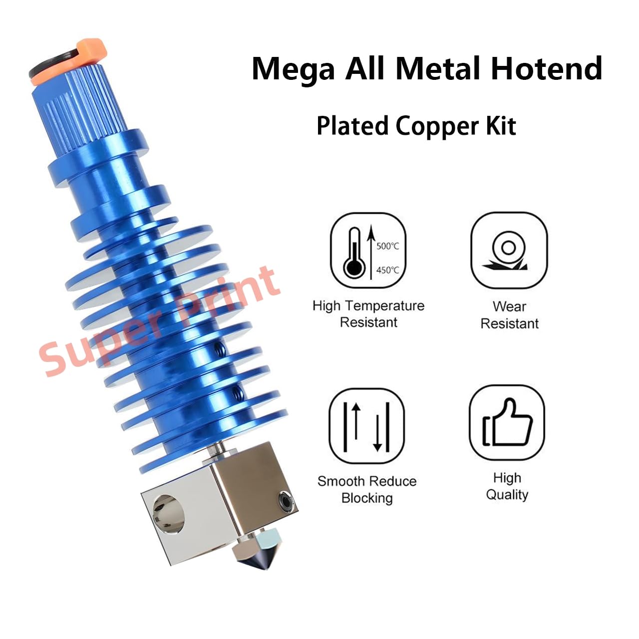 Super Print Upgrade I3 Mega All Metal Hotend Kit,Plated Copper Heater Block,Nozzle 0.4mm,Bi-Metal Heatbreak for I3 Mega,Mega X,Mega S,Mega Pro,Chiron,V5 Print Head Hotend.