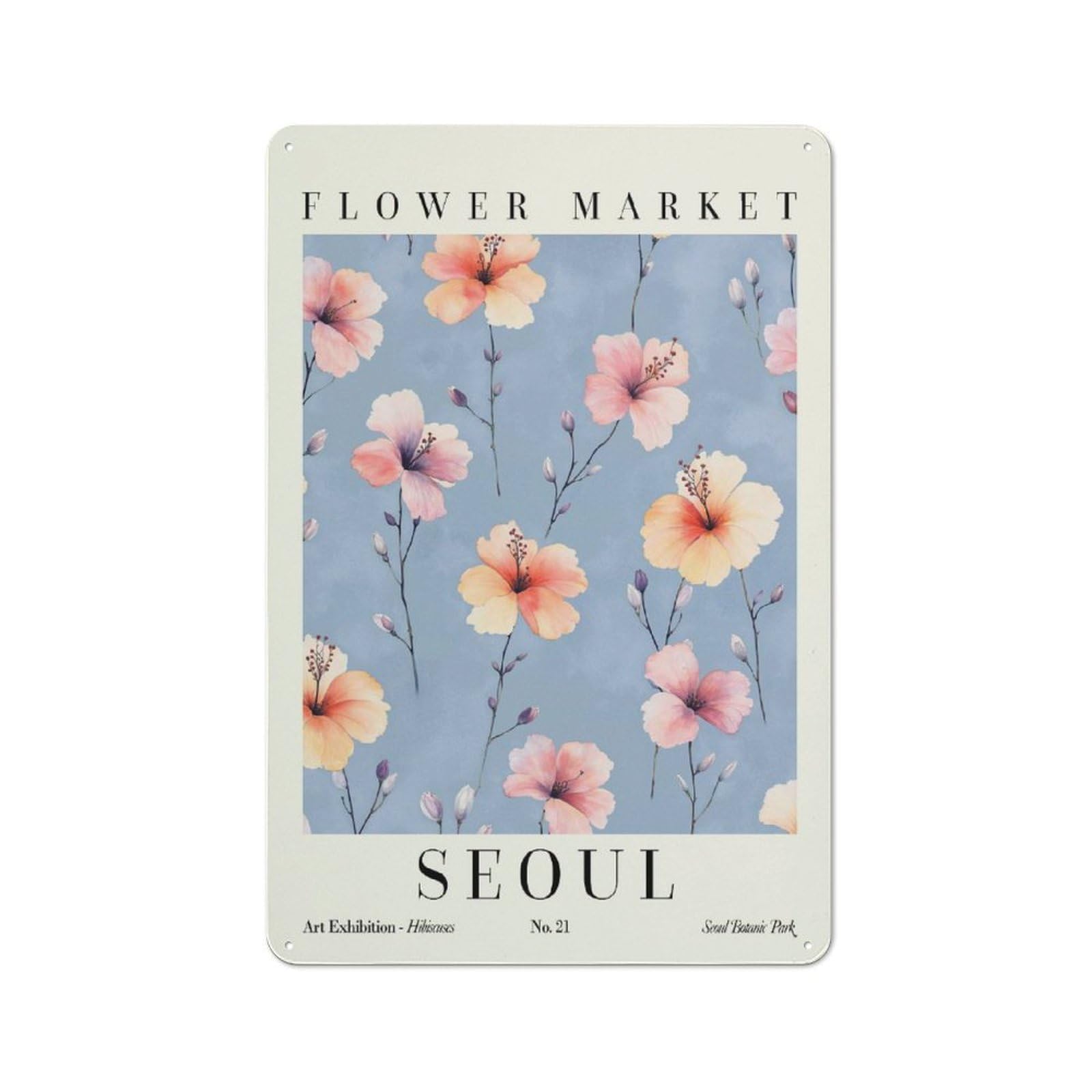 Junmoney Style-16 Vintage Metal Plaque 30X20cm Featuring Seoul Hibiscus Flower Market For Hallway Wall, For Wall Display Collectors