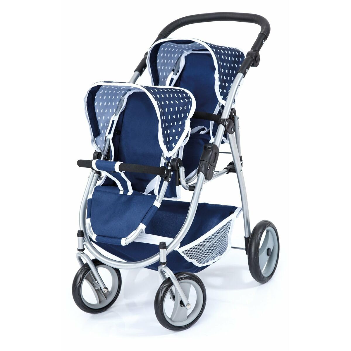 Bayer Design 26551AA Cochecito de Gemelos, Carrito Doble para muñecas, Ajustable, Ruedas Delanteras giratorias, Azul