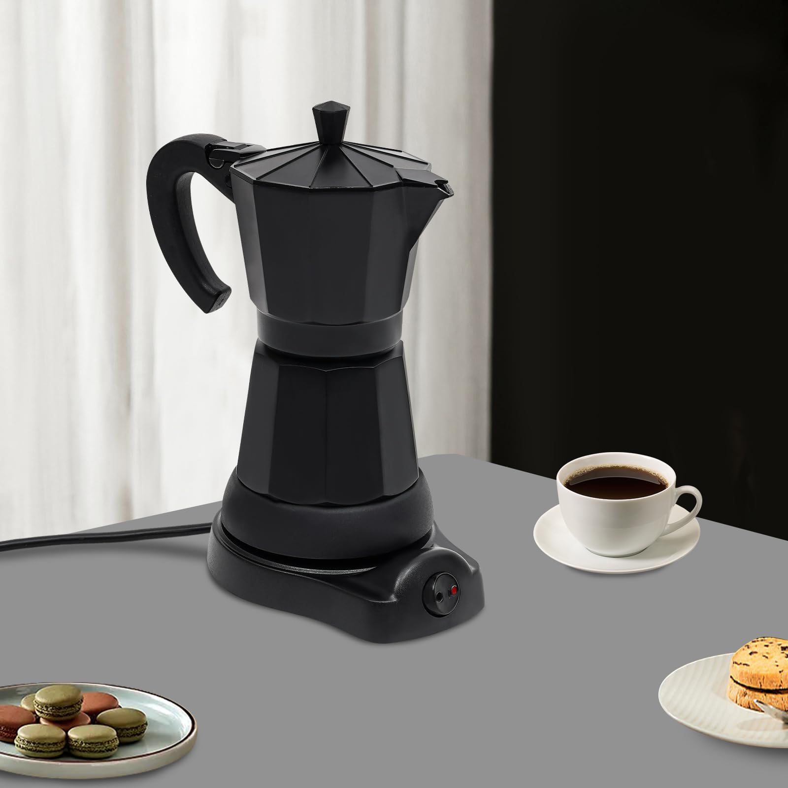 Cafetera eléctrica de 300 ml, cafetera espresso de 6 tazas con válvula de seguridad, cafetera, jarra para el hogar, oficina, camping, color negro