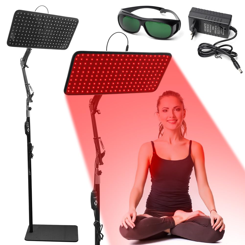 Rotlichtlampe für Gesicht & Ganzkörper, Infrarotlampe mit 200 LED, Infrarot-Wärmelampe mit 5 Helligkeitsstufen und Tri-Wellenlängen (660nm, 850nm, 940nm), Großes LED Rotlicht Panel mit Schutzbrille