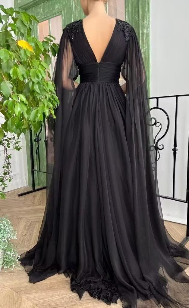 Chiffon Prom Dresses with Cape V Neck Formal Dress with Slit Lace Applique Evening Party Gown - Image 6