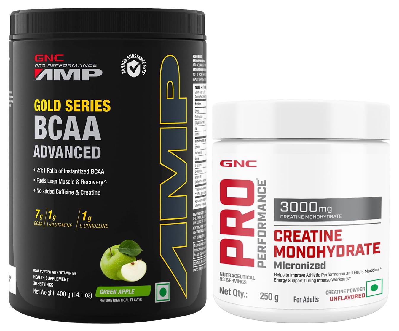 GNC AMP Gold Series BCAA Advanced powder| Green Apple | 400 gm & GNC Pro Performance Creatine Monohydrate, (Unflavoured, 250 gm Powder)-image-4