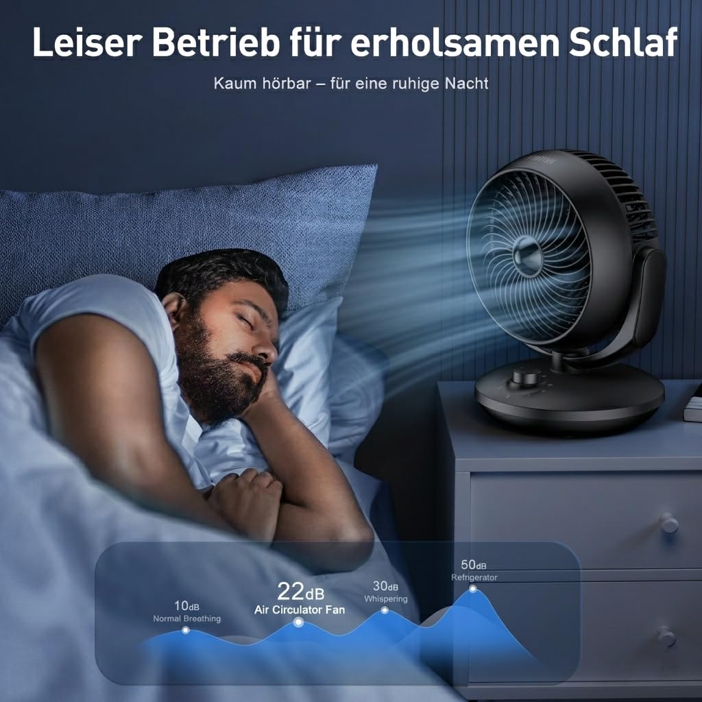 Ventilator Leise 22dB Tischventilator 3 Geschwindigkeiten Oszillation 3D Turbo Umluftventilator bis 20m² Schwarz