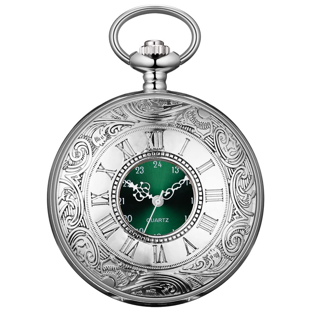 BOSHIYA Pocket Watches for Men Vintage Unique Blue Dial Roman Numerals Scale Black Quartz Pocket Watch with Chain for Christmas Graduation Birthday Gifts