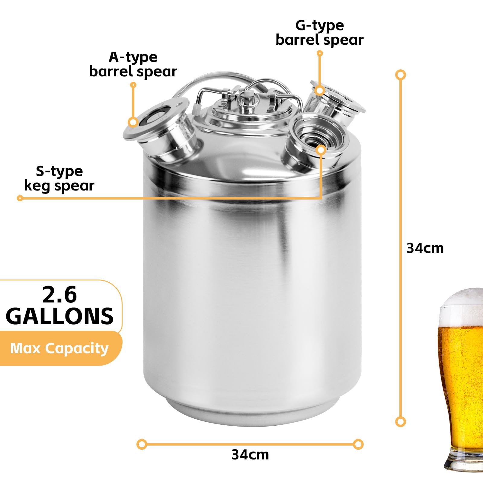 Barril de limpieza de cerveza de acero inoxidable de 10 l, 3 cabezales de limpieza con tapa, incluye pinchos A, S, G, dispositivo de limpieza de cerveza para grifo de cerveza de 10 L, acero inoxidable