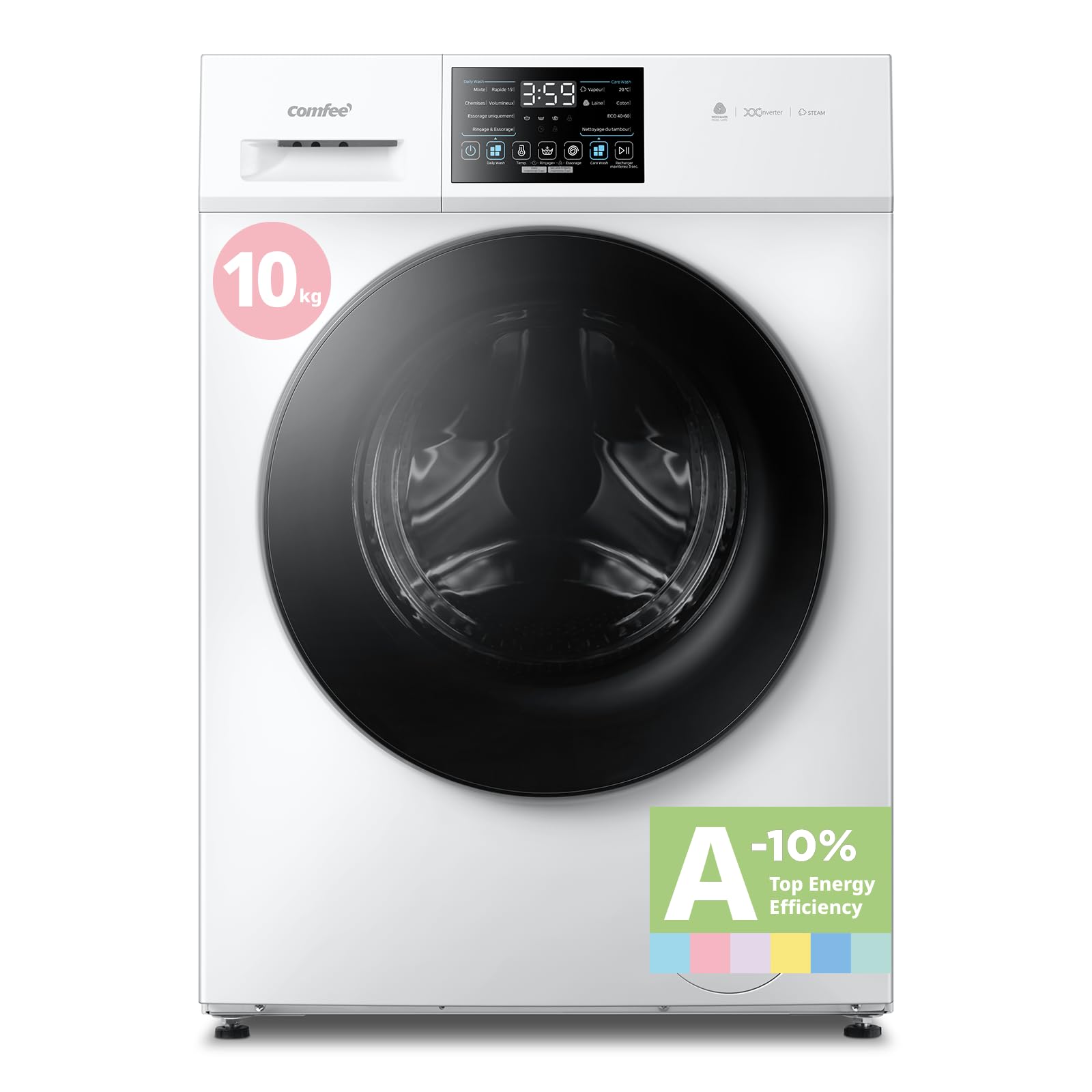 COMFEE' CFP03EW100W-FR Lave-linge autonome, Capacité 10KG, Classe A -10%, 12 programmes, Soin Vapeur, Moteur BLDC, Woolmark, Panneau Tactile, Blanc [Classe Énergétique A] [Energy Class A]
