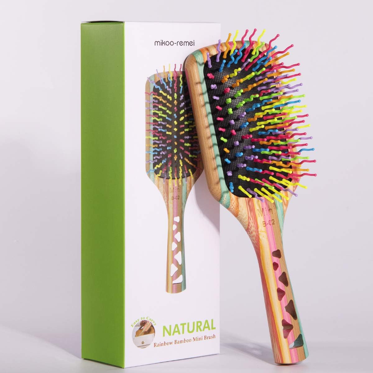 MIKOO-REMEI Bamboo Hair Brush Rainbow BambooPaddle Hair Brush for Women Men and Kids Health and Massage Scalp Brush Everyday Brush Enhance Shine & Health for Hair Smoothing Massaging Detangling