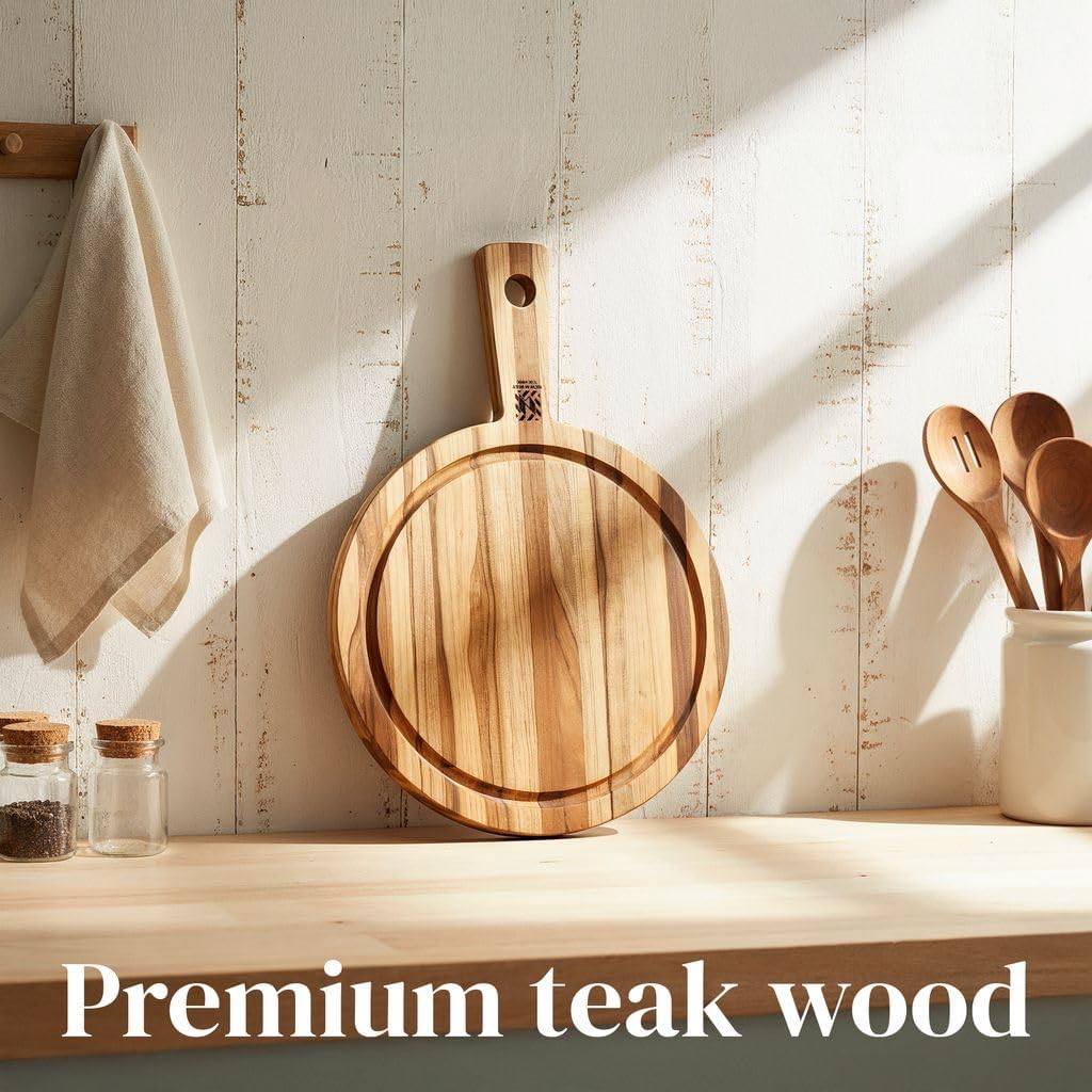 Round Cutting Board with Handle, 14" x 10" x 0.6" Thin Edge Grain for Kitchen Prep, Cheese, Pizza, Bread, Fruit Serving - Solid Hardwood, Non-Toxic, BPA/Plastic Free & Juice Groove by New M Way