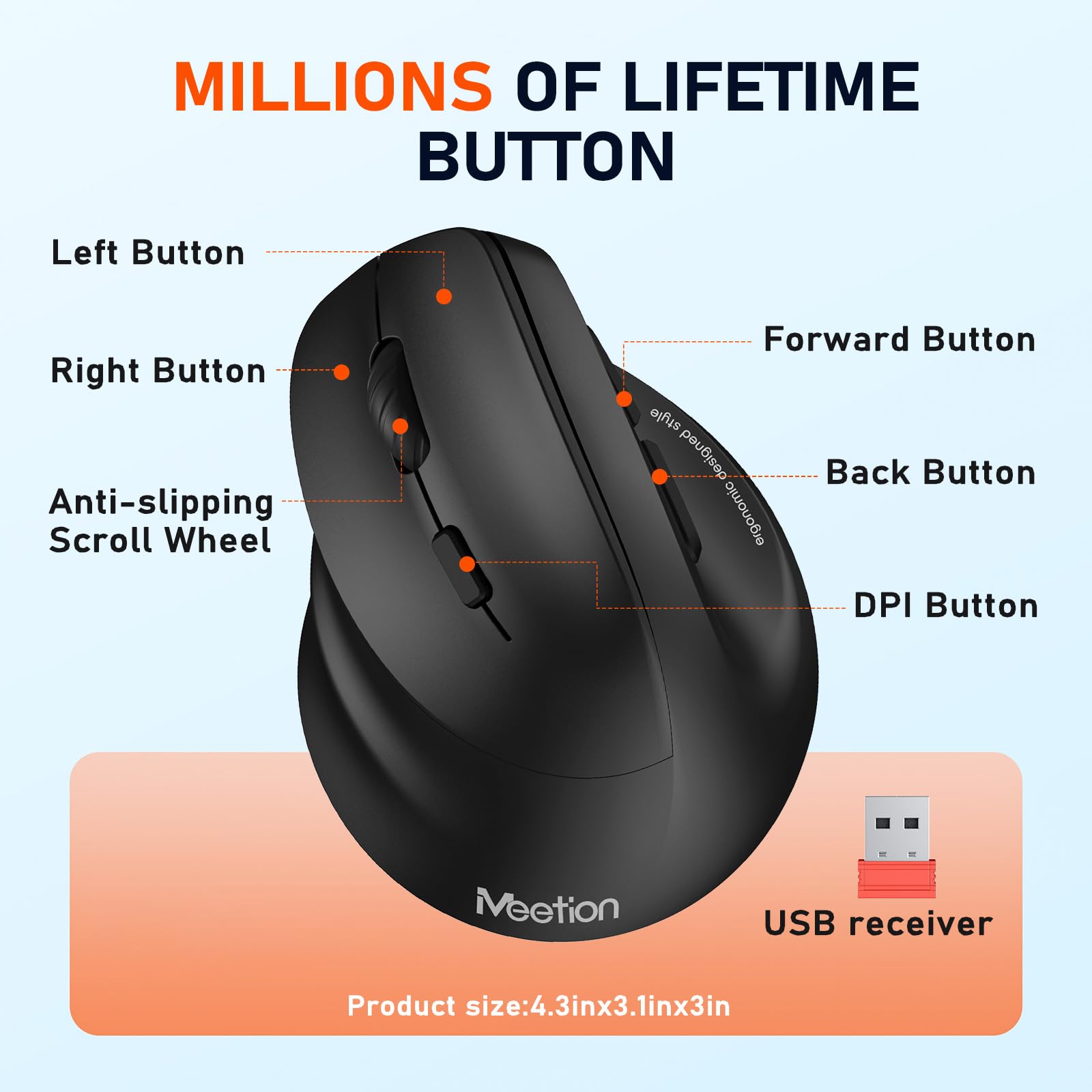 MEETION Mouse per mancini, Mouse ergonomico Mouse verticale senza fili RGB Ricaricabile per Bluetooth (5.2 + 3.0) e USB-A con adattatore Type-c 4 DPI regolabili per Mac/Windows/Andriod/PC/Tablet