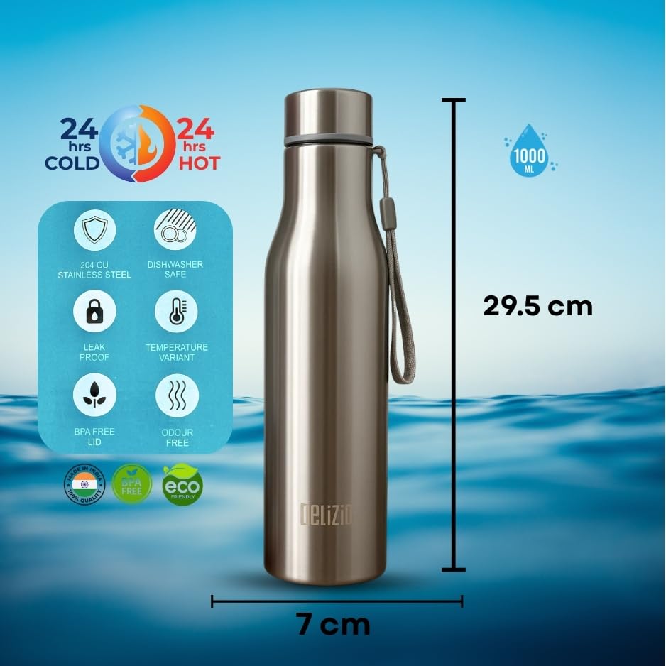 Image of KEMP DELIZIO Edition Stainless Steel Fridge Water Bottle 1000 ML | 1 L | Single Walled | Office | Gym | Travelling | Leak Proof LID | ECO Friendly | BPA Free | for Adult, Kids (BRITA -4 Pack)