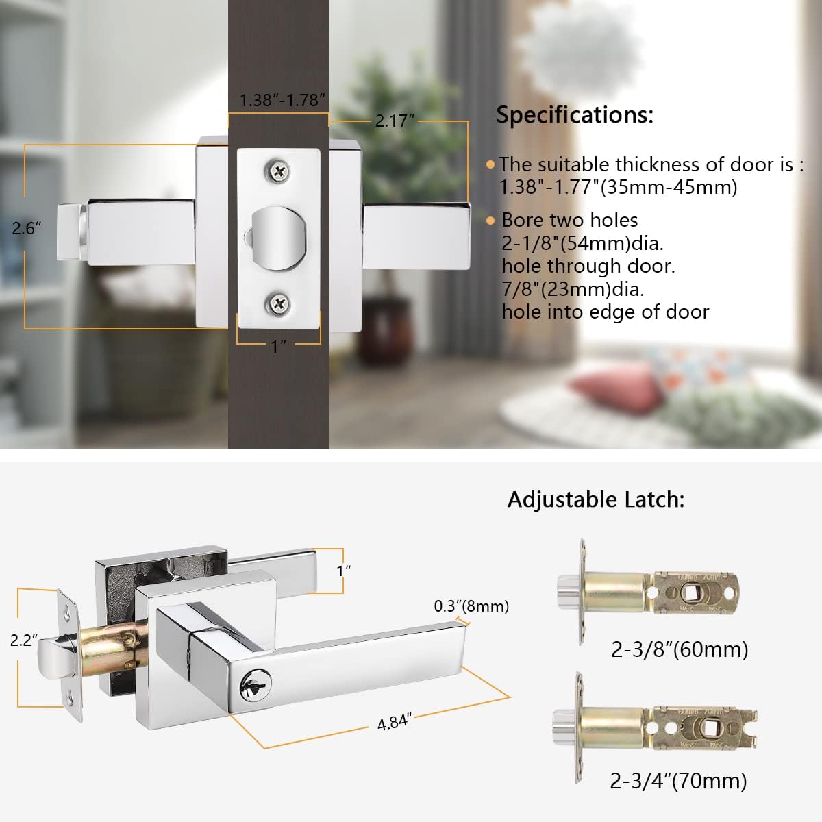 Probrico Polished Chrome Heavy Duty Keyed Entry Levers Lockset, Interior Bed/Bath Door Handles with Different Keys, Square Hardware for Right/Left Handed Doors(6 Pack)