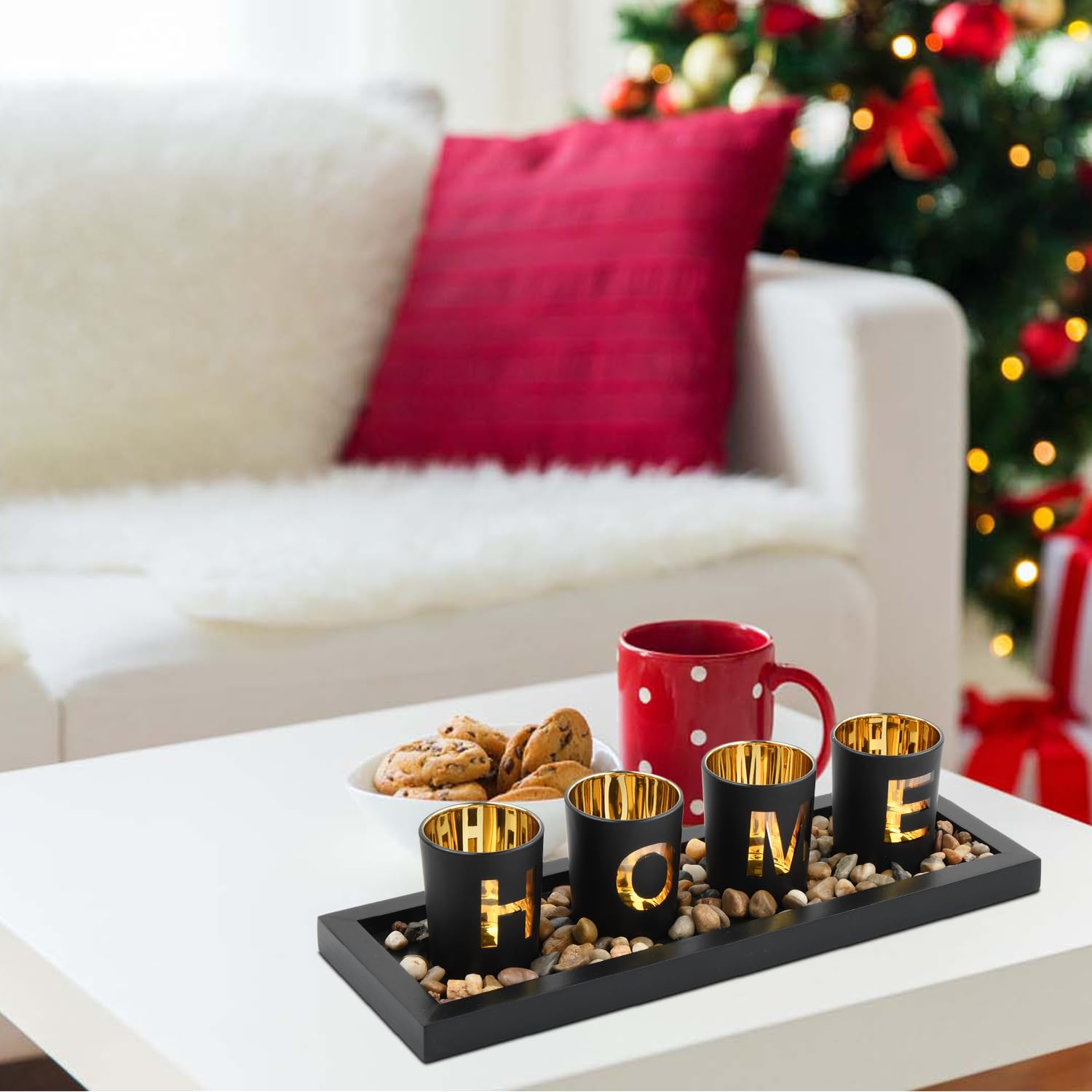 Set portacandele, Portacandele con 4 Bicchieri in Vetro, Vassoio in Legno, Pietre Deco, Portalumini Decorazione per Matrimonio, Compleanno, Natale