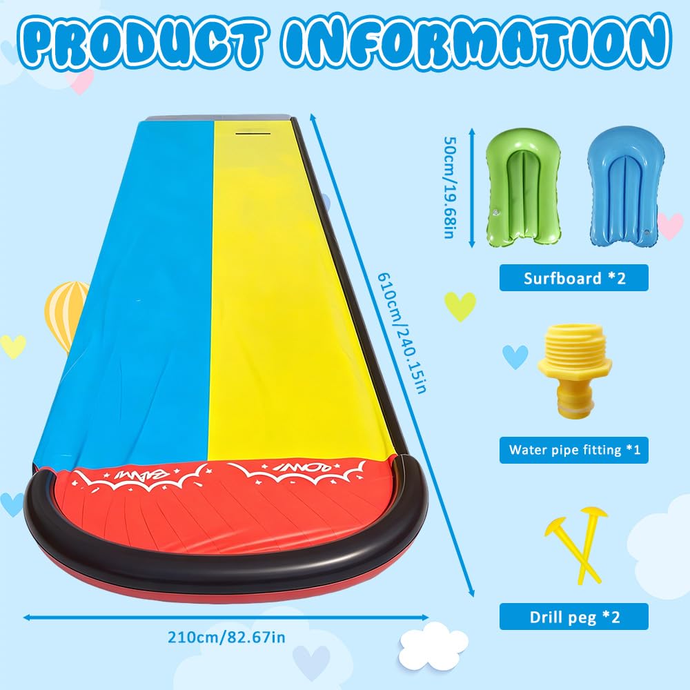 Wasserrutsche Garten 600x140cm Doppel-Wasserrutsche mit 2 Bodyboards, eingebautem Sprinkler