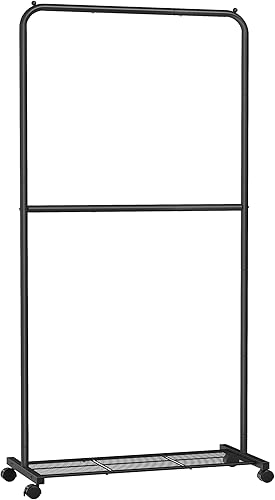 SONGMICS Perchero con ruedas, 35.8 pulgadas de doble barra, perchero para colgar ropa, con estante de almacenamiento de malla densa, capacidad de