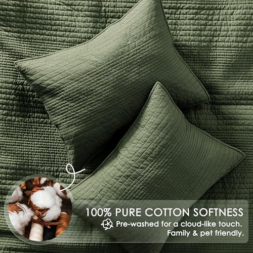 Image of palassio Striped Olive Green 100% Cotton Quilt California Cal King Size Bedding Sets, Oversized Lightweight Channel Pick Stitch Textured Bedspread Soft Farmhouse Coverlet for All Season, 2 Shams