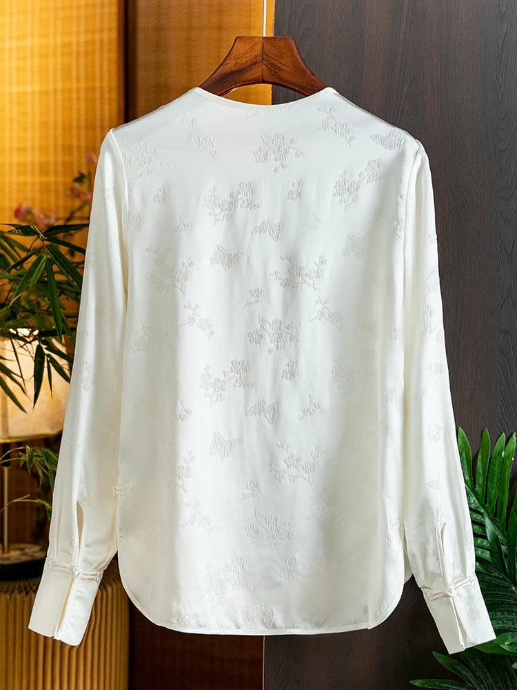 Women's White Silk Blouse Spring Summer Side Fastening Jacquard Mulberry Silk Top