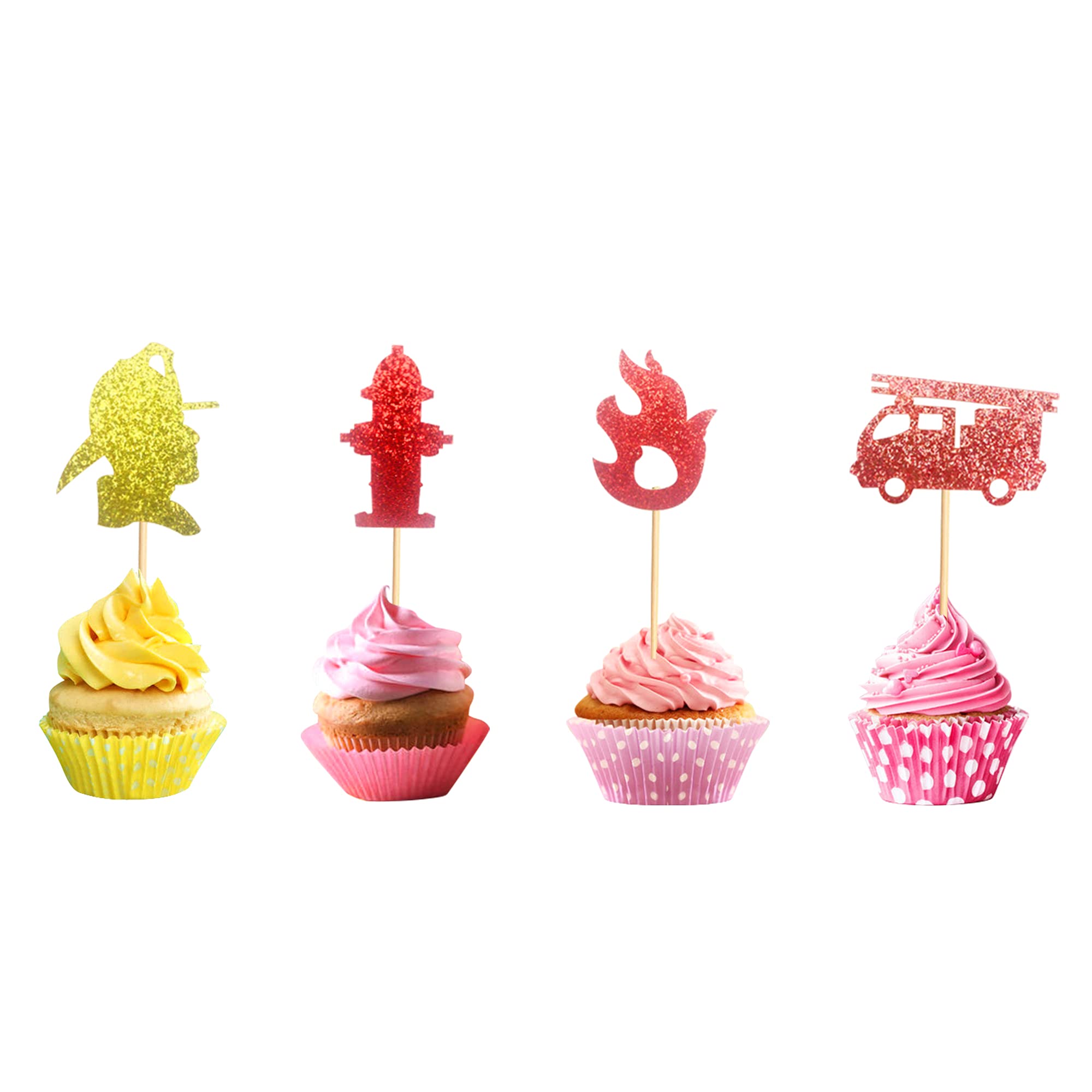 Pack of 48 Pre-Assembled Fireman Theme Cupcake Toppers Fire Truck Firefighter Fire Hydrants Flame Cupcake Picks for Baby Shower Kids Birthday Party Decoration